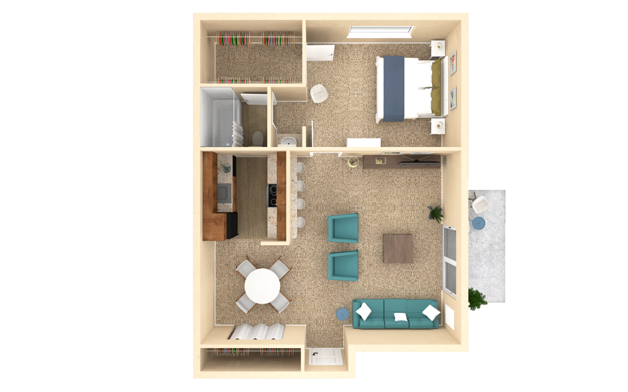 Floor plan for 1 bed, 1 bath, 740 sqft